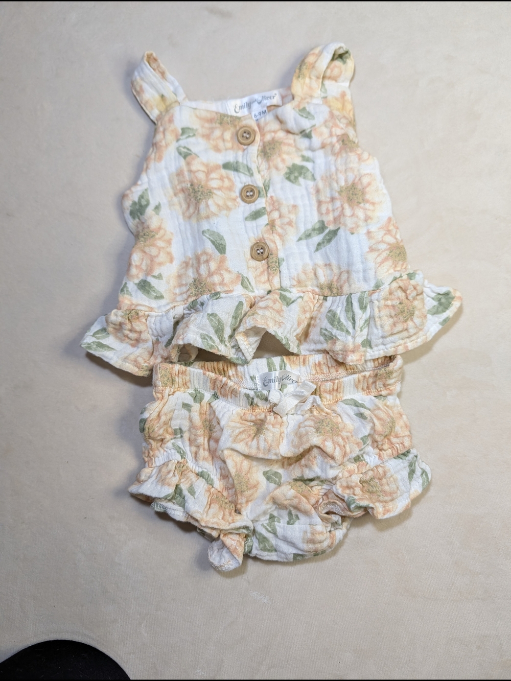 Peach Floral Ruffle Baby Set - Peach & Green